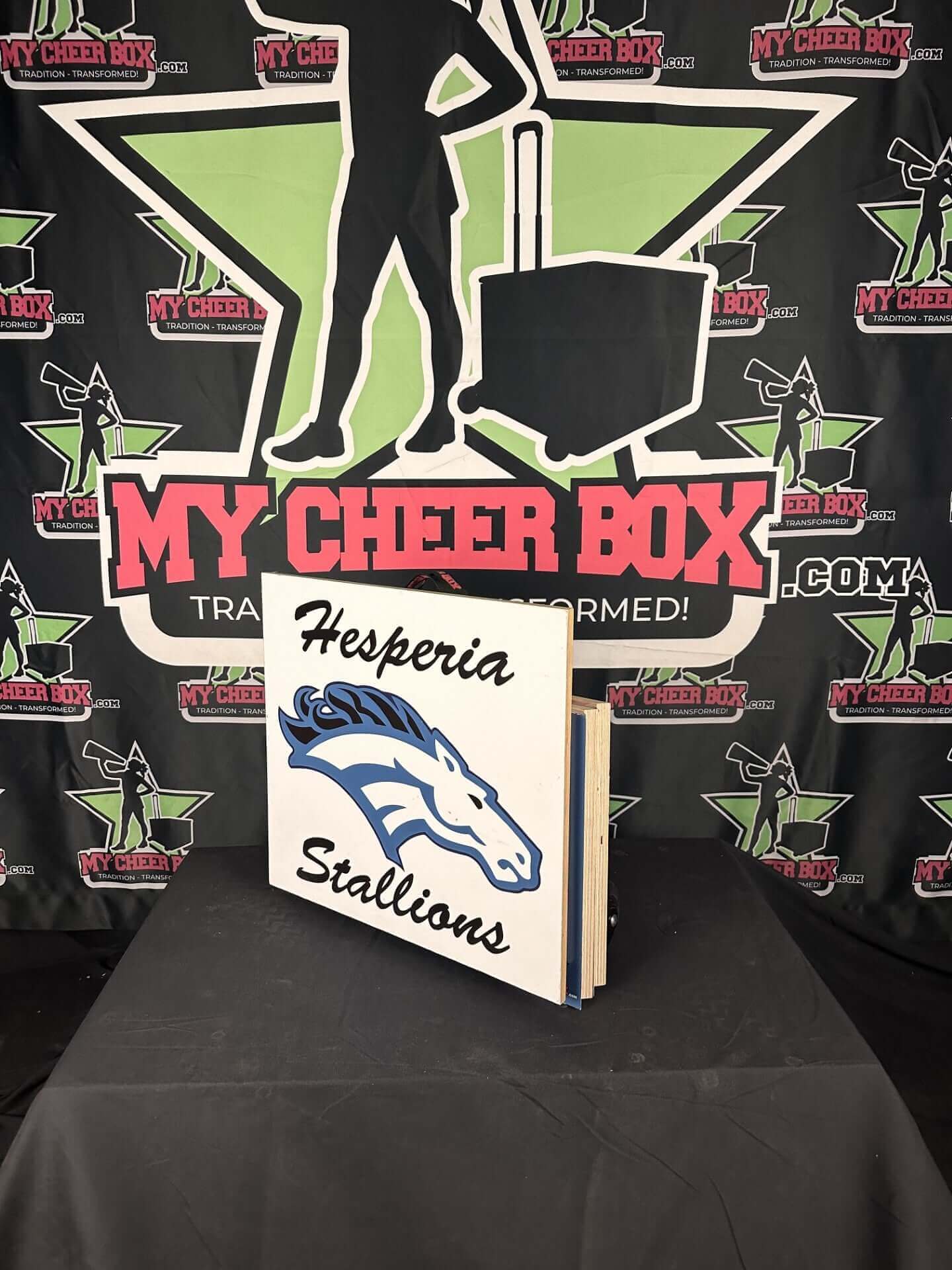 Hesperia Stallions collapsible cheer box with custom design on display in front of My Cheer Box banner.