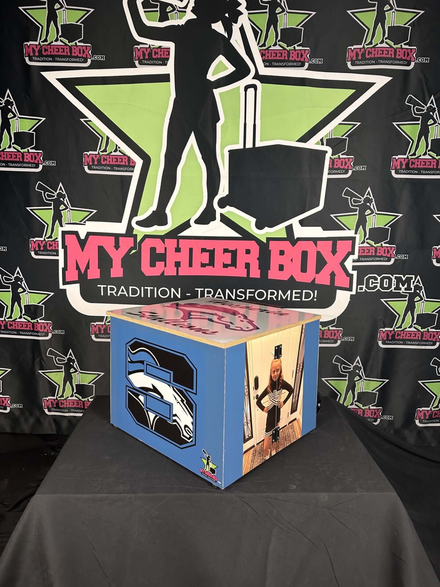 Customizable collapsible cheer box displayed with My Cheer Box design backdrop