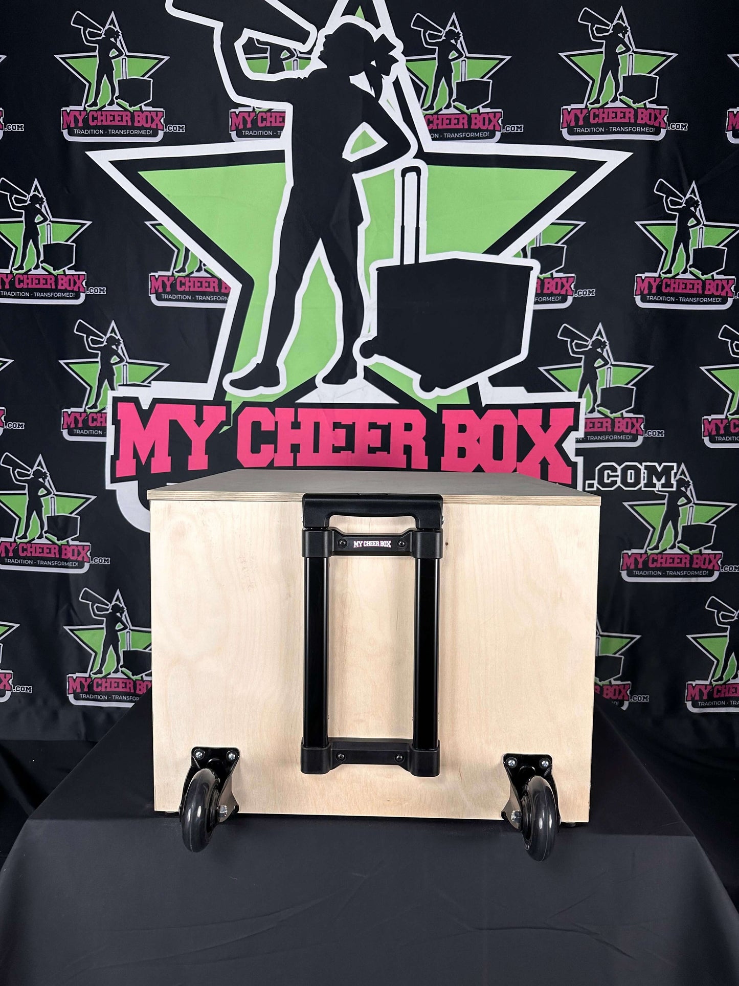 15" Collapsible Cheer Box with retractable handle and rolling wheels against My Cheer Box backdrop