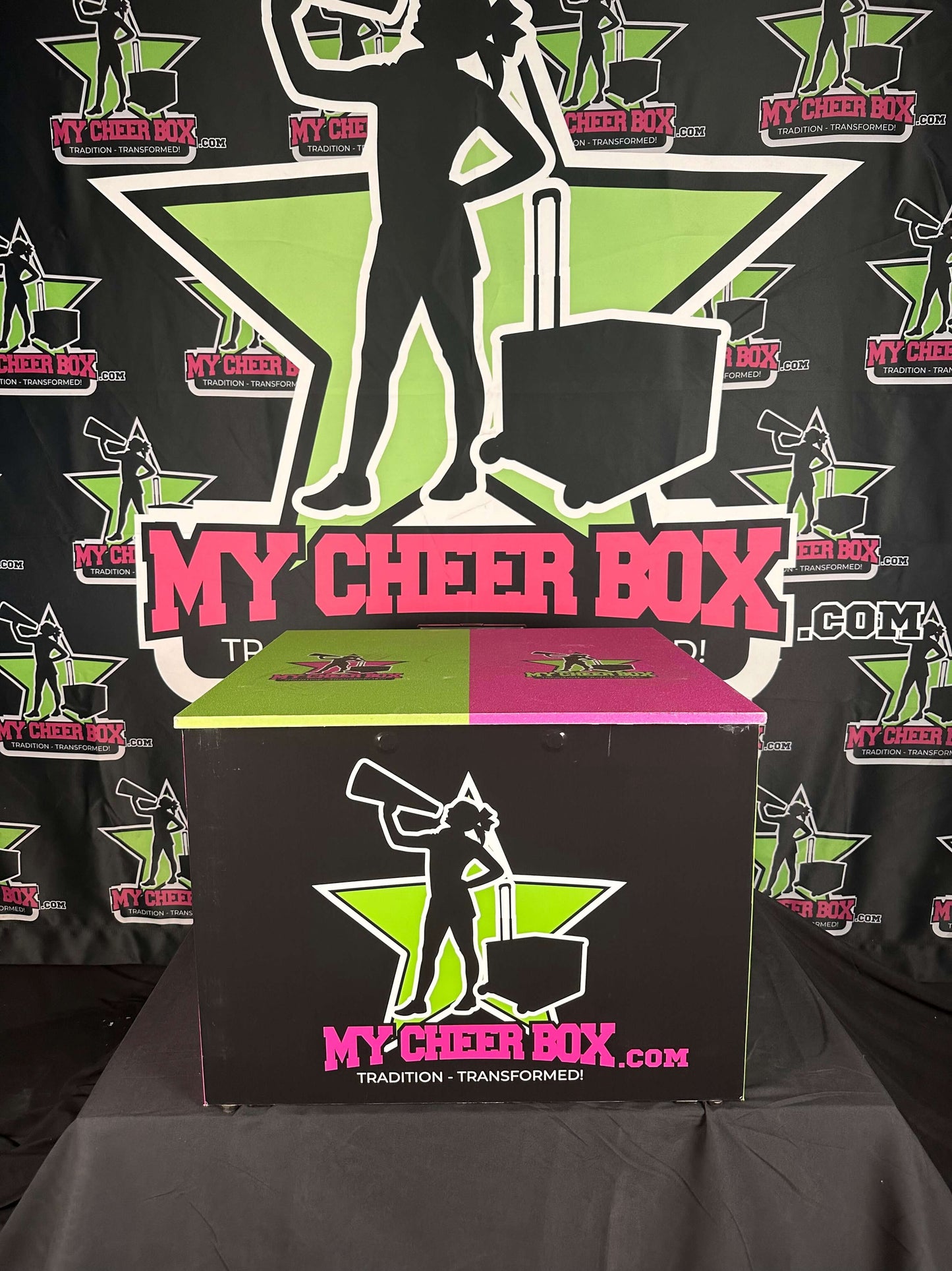 Fully customizable collapsible cheer box by My Cheer Box displayed with vibrant logo background.